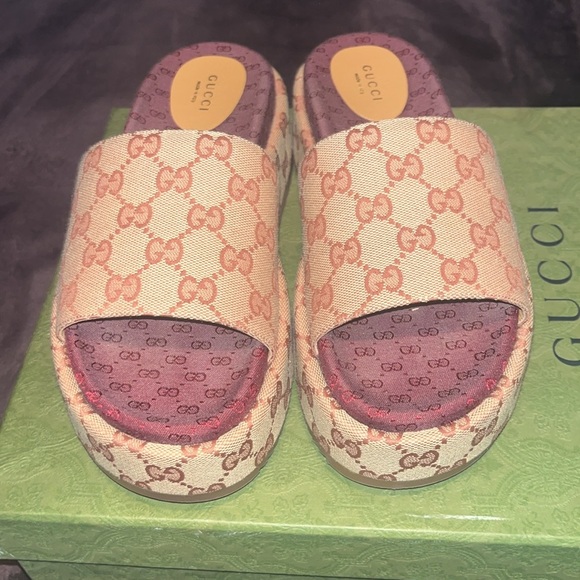 Gucci platform slide size 39 size 8 women’s use tan brown and burgundy - Picture 5 of 16